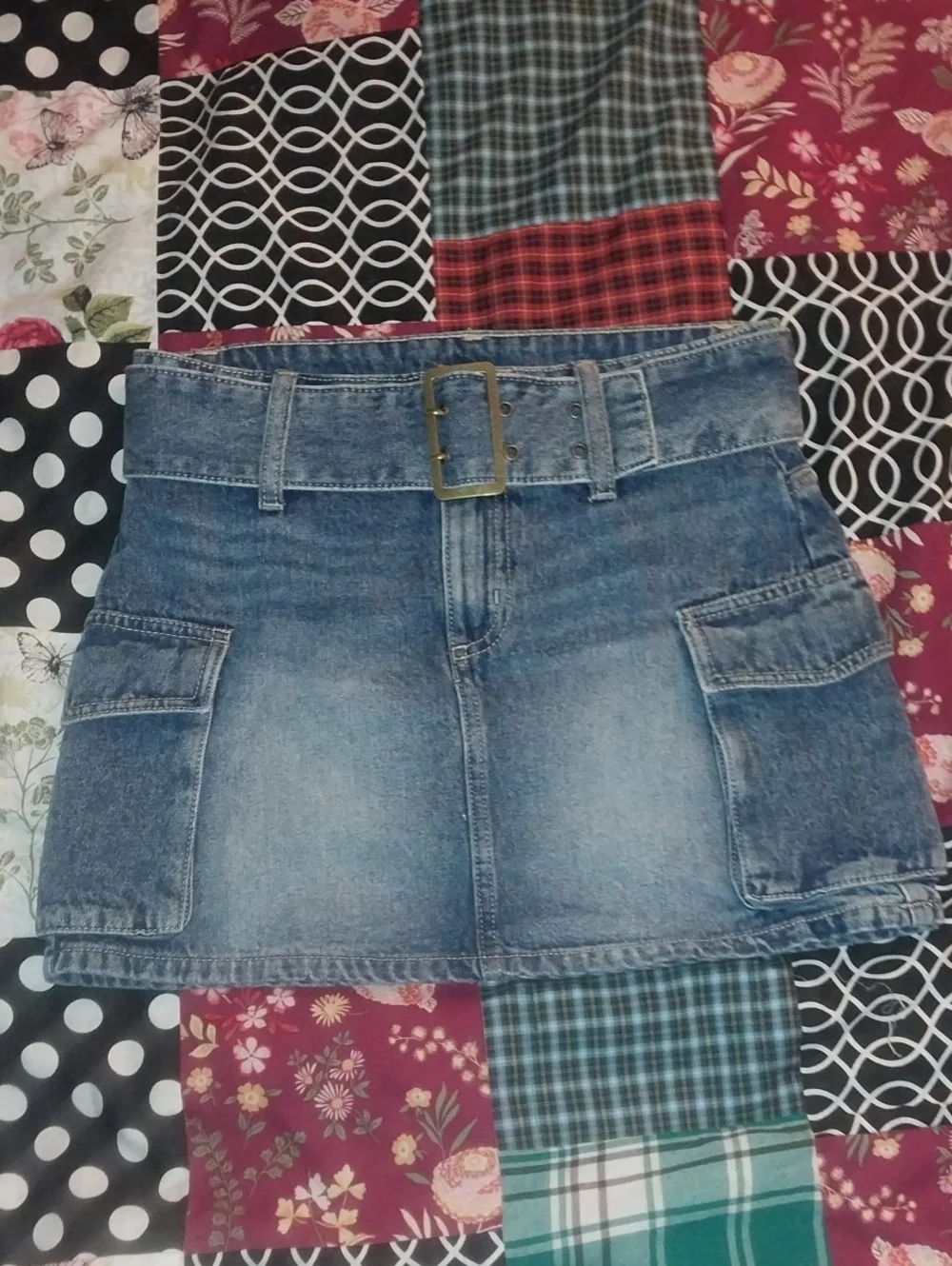 Denim Cargo Mini Skort with Belt - Blue